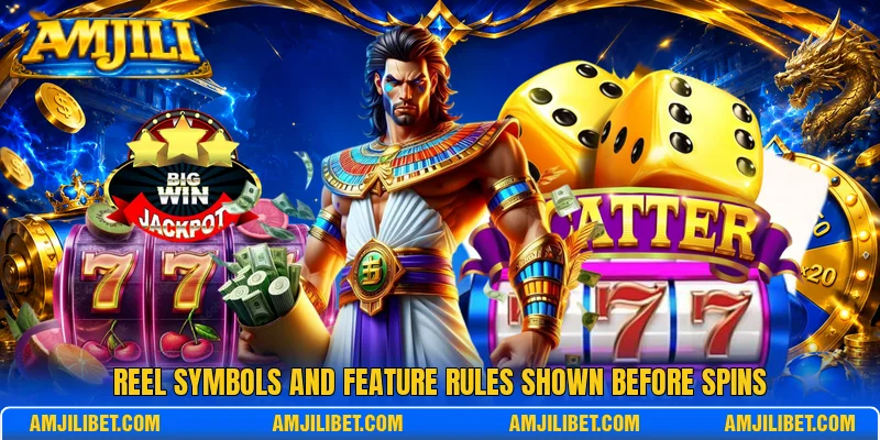 Reel symbols and feature rules shown before spins